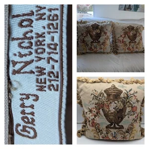Tapestry Throw Pillows Pair Woven Aubusson Jacquard Needlepoint Urn & Florals - Picture 1 of 16