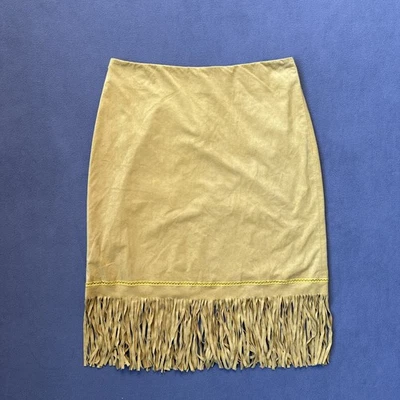 Vintage Poleci Fringe Skirt Womens 4 Yellow Pencil Faux Suede Y2K Boho USA - Image 1 of 4