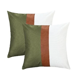Set of 2 Cotton Canvas Patchwork Faux Leather Throw Pillow Covers 18x18 Inch ... - Picture 1 of 3