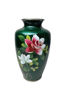 Antique Japanese Cloisonné Green Enamel Vase Flowers Bamboo Silver Trim 7.5” - Picture 1 of 10