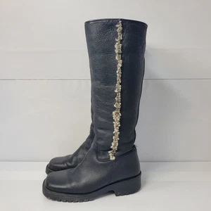 LL Bean Black Leather Knee High Boots Shearling Lined Chunky Heel Women Size 8 - Picture 1 of 14