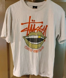 T-shirt vintage Stussy scritta logo uomo taglia S invecchiato dente oro - Foto 1 di 5