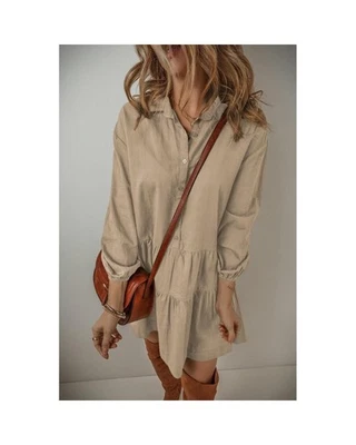 Azura Exchange Elegant Ruffle Hem Shirt Dress with Long Sleeves Women Tan Mini Foto 1 de 4