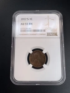 1917 S 1c AU 55 BN Very Nice Lincoln Wheat Cent - Picture 1 of 6