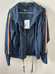 Damen-Bomberjacke mit Kapuze marineblau Regenbogenstreifen durchgehender Reißverschluss Windbreaker M neu mit Etikett - Bild 1 von 7