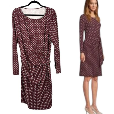Land's End Boatneck Long Sleeve Tie Waist Dress Burgundy Floral XL 18 NEW  - Image 1 of 4