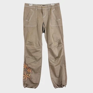 PRANA Brown Breathe Floral Embroidered Casual Pants Womens Sz 6 Bungee Cuffs - Picture 1 of 11