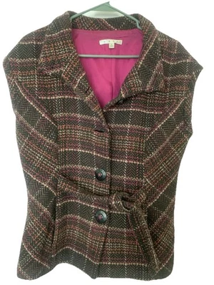 Chaleco Cabi Cinch it Up Talla L Marrón Tweed Lana a Cuadros Bolsillos con Cinturón Forrado 690 Foto 1 de 4