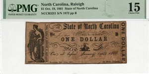 NC CR-32I1 1861 $1 North Carolina Paper Money - PMG Choice Fine 15 - Rare - Picture 1 of 2
