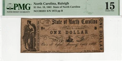 NC CR-32I1 1861 $1 North Carolina Paper Money - PMG Choice Fine 15 - Rare - Image 1 of 2
