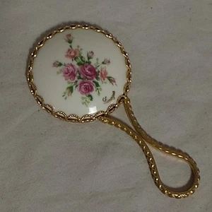 Limoges Porzellan Handspiegel Blume Floral Geldbörse goldfarben signiert Vintage - Bild 1 von 4