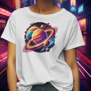 Galaxy Planet T-Shirt | Colorful Space Graphic Tee | Cosmic Solar System Shirt - Picture 1 of 8