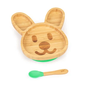Kindergeschirr Set Bambusteller Löffel 250 ml Baby Besteck 18x18 cm Grün Hase - Afbeelding 1 van 9