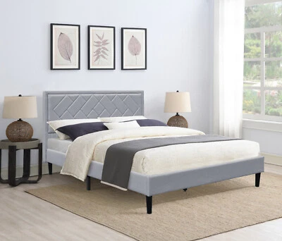 COMFY LIVING Padded Headboard Grey Stone Blue Fabric Bed Frame 3ft 4ft6 5ft Double King
