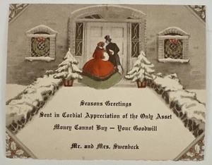 Vintage viktorianische Weihnachtskarte - Paar vor der Haustür des Hauses Schnee - Bild 1 von 3