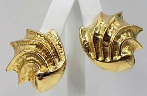 14K Yellow Gold Italian Hammered Hollow Large Earring Omega Back Clip - Picture 1 of 11