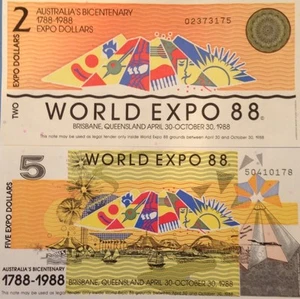 AUSTRALIA 1988 WORLD EXPO 2 & 5 DOLLAR BICENTENARY UNC NOTE PAIR USA SELLER !!! - Picture 1 of 2