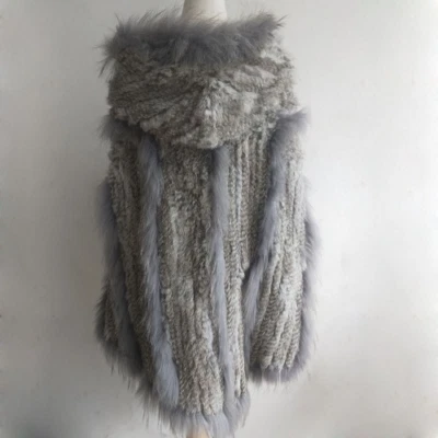 Poncho de piel de conejo real para mujer con capucha talla grande capa tejida de piel con capucha real Foto 1 de 4