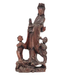 Old Chinese Hand-carved Wood Statue, Kwan Yin Goddess with Shancai and Longnü - Picture 1 of 10