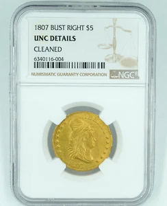 1807 NGC Unc Details Cleaned $5 Gold Draped Bust Right - Picture 1 of 4