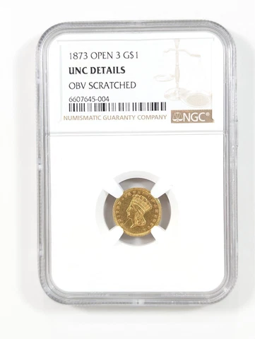1873 G$1 Indian Princess Head Gold Dollar NGC Open 3 UNC Details Obv Scratched Cover