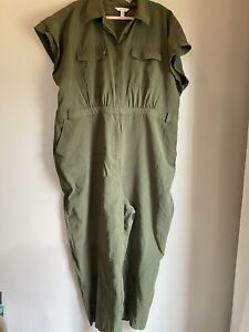 Nine West Women's Jumpsuit 3X Green Army green Zip Button Short Sleeve 4 Pocket