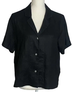 Quitte M schwarz europäisches Flachs Leinen Kurzarm Hemd Knopf nachhaltig neu ohne Etikett - Bild 1 von 16
