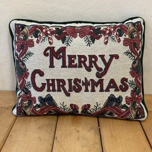 Vintage Woven Tapestry Christmas Throw Pillow 12x9 Merry Christmas Holiday Decor - Picture 1 of 12