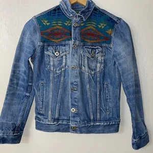 Giacca denim camionista Lucky Brand X Pendleton Tomboy ricamata stampa azteca XS - Foto 1 di 20