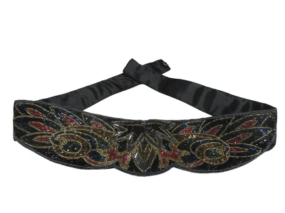 Waist 30" FULLY BEADED Self Fastener Belt Party Event Black w/ Blue Red Gold - Image 1 of 4