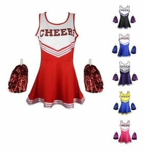 Cheerleader Outfit Fancy Dress Uniform Costumes With Pom poms - Picture 1 of 8