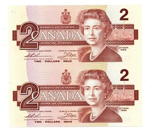 Canada (Uncut Pair) Two Dollar Notes - Series 1986 - Uncirculated - Picture 1 of 2