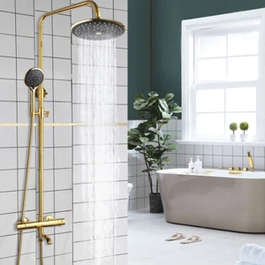 Thermostatic Wall Mount Gold Brass Shower Faucet Set 3-Way Mixer Valve Handheld - Picture 1 of 12