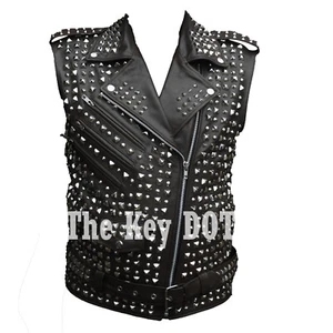 Punk Studded Leather Vest Men Real Black Leather Studs Motorcycle Waistcoat - Picture 1 of 1
