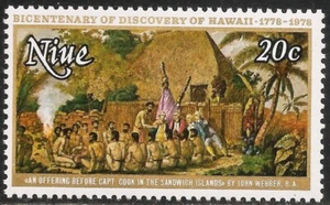 Niue #216 en estado bastante bueno MNH - 1978 20c "Una oferta antes del capitán Cocinero en Islas Sandwich - Imagen 1 de 1