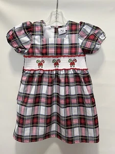 Marie Nicole Smocked Red Plaid Candy Canes Christmas Holiday Dress L 4 Girls - Picture 1 of 5