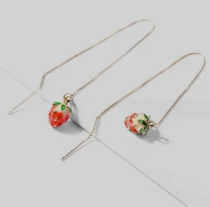 Titanium Rose Gold Red Green Flower Strawberry Drop Dangle Chain Thread Earrings - Picture 1 of 1