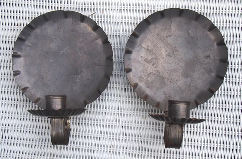 ANTIQUE PAIR HAND CRAFTED TIN CANDLE WALL SCONCES American Cover