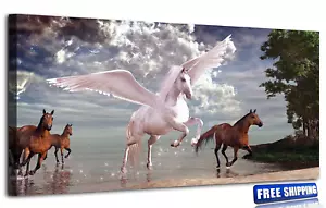 Canvas Print Wall Art Sea Beach Flying Horses 12x24" Wooden Frame Ready to Hang - Picture 1 of 11