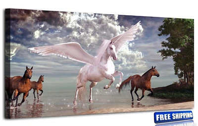 Canvas Print Wall Art Sea Beach Flying Horses 12x24" Wooden Frame Ready to Hang - Image 1 of 4