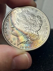 Dólar de plata Morgan 1896 P $1 derrame de petróleo vivo tono arco iris! BU+++ MS CHOICE - Imagen 1 de 6