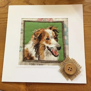 Hand Made Sewn Blank Cards Birthday Thank You Farm Rough Collie Dog Lassie - Picture 1 of 1