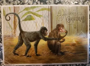 VICTORIAN POSTCARD CHRISTMAS CARD ONE MONKEY TICKLING ANOTHER WITH STRAW - Picture 1 of 2
