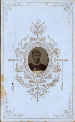 CREASED TINTYPE CDV LADY IN BLUE DECORATIVE MOUNT VICTORIAN FASHION #D4391 - Image 1 of 2