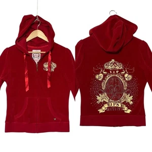 LIPSY Gr. S/M Kapuzen Samt Sweatshirt Bling Full Zip Tasche leuchtend rot gold - Bild 1 von 16