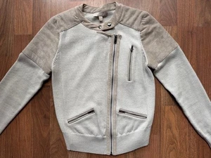 Banana Republic Lana Merino Gamuza Suéter Moto Cremallera Chaqueta SML Taupe Beige Usado en Excelente Condición - Imagen 1 de 11