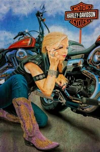 HARLEY DAVIDSON GIRL APPLYING MASCARA HEAVY DUTY USA MADE METAL ADVERTISING SIGN - Picture 1 of 1