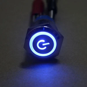 NEW 19mm 12v Blue LED Power symbol&angle eye Metal ON/off Push button Switch - Imagen 1 de 4
