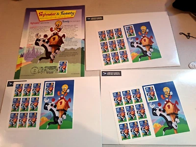 Vintage 1998 Sylvester and Tweety 32 Cent Stamp 3 Sheets and first day of issue - Image 1 of 4