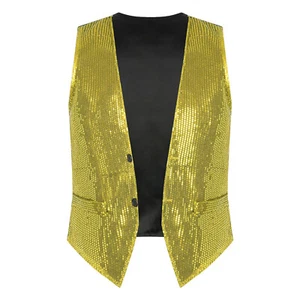 Mens Sequin Vest Shiny Party Sleeveless Waistcoat Button V-Neck Jacket Tuxedo - Picture 1 of 45